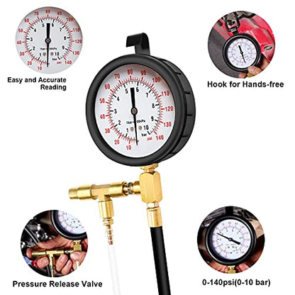 BETOOLL Pro Fuel Injection Pressure Tester Kit Gauge 0-140 PSI - size: 0-140 PSI