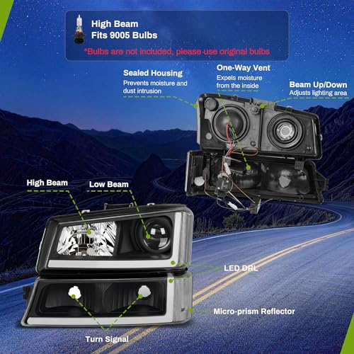 AUTOSAVER88 LED DRL Projector Headlights Compatible with 03-06 Silverado - color: LED Projector - Black/Clear/Clear