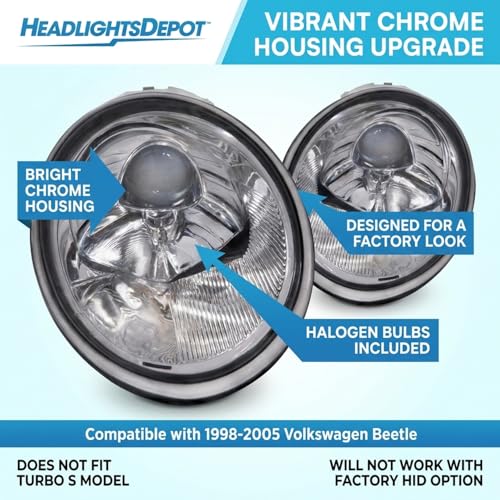 HEADLIGHTSDEPOT Chrome Housing Halogen Headlights Compatible with Volkswagen Beetle 1998-2005 Includes Left Driver and Right Passenger Side Headlamps