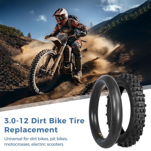 80/100-12 Dirt Bike Tires Set, 3.0-12 Tire and 80/100-12 Dirt Bike Tube with Bent Valve, Tire Replacement 12 Inch Rear for Pit Bike Motocross E-Scooter Off Road Motorcycle