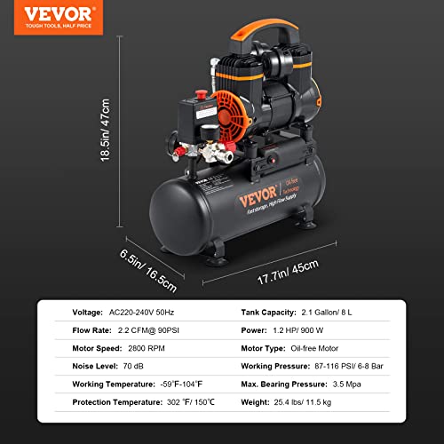 VEVOR 2.1 Gallon Air Compressor, 1.2HP 2.2 CFM@90PSI Air Compressors with Max. 116PSI Pressure, Oil Free Compressor Tank for Auto Repair, Tire Inflation, Spray Painting, Woodwork Nailing - size: 2.1 Gallon