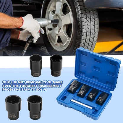 5PCS Locking Lug Nut Removal Tool,17-22mm Wheel Lock Removal Kit with 6 Point Design for Replacing The Nuts,Automotive Tools 1/2" Drive Lug Nut Extractor Set with Center Punch Bar