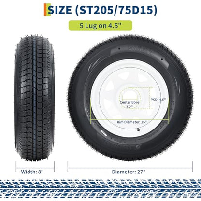 Heavy Duty Trailer Tire & Wheel Assembly - ST205/75D15, 6PR Load Range C, 5 Lug 15" White Modular Rim - For Utility, Boat, Camper Trailers - PCD 114.3x5, Center Hole 81, ET=0 - size: ST205/75D15