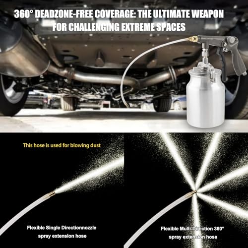 Air Undercoating Spray Gun with Suction Feed Cup & Gauge, 2 Extension Wands 360°Straight Spray Hoses, Fluid Film Spray Gun for Truck Bed Liner Spray Coating, Rubberized Undercoat