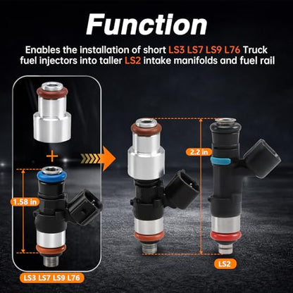 FUSCH 8PCS LS Fuel Injector Adapter Spacer Kit, LS3 LS7 LS9 L76 to LS2 Intake Fuel Rail, 6061 Aluminum Injector Extenders, Adds 0.59” Height