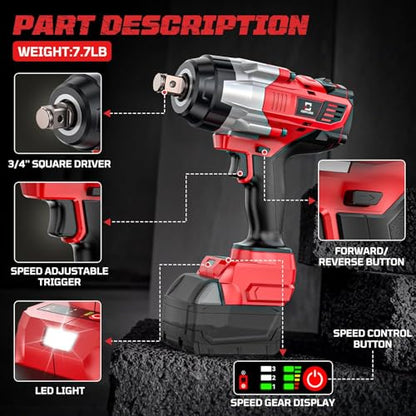 Cordless Impact Wrench 3/4 inch Compatible with Milwaukee Battery, Cerycose1850ft-lbs (2500N.m) Brushless Electric Impact Gun, High Torque Impact Driver, Bare Tool Only，Heavy-Duty Automotive - size: 3/4inch, style: 3/4inch Fit for Milwaukee(No battery)
