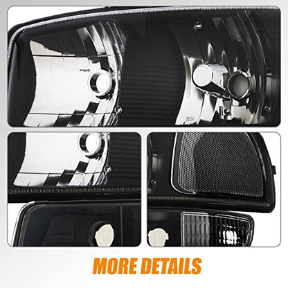 Headlight Assembly Compatible with 99-07 GMC SIERRA 1500 2500 1500HD 2500HD 3500HD/ 1999-2006 YUKON 1500 2500/2001 SIERRA C3, Black Housing 4PCS