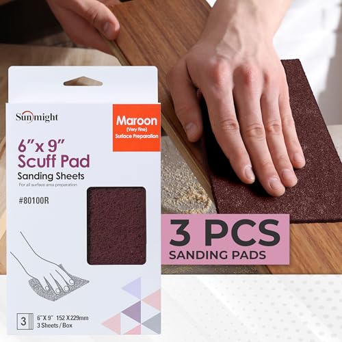 Sunmight Scuff Pads for Paint Prep Retail Pack 6" x 9" - Maroon 80100R - Aluminum Oxide - Surface Prep & Sanding Cloth - Abrasive Hand Pads for Auto, Marine, Aerospace- 3 Very Fine Sanding Sheets - color: Maroon