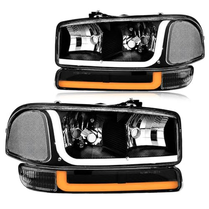 LED DRL Headlight, Headlights Assembly Kit Compatible with 1999-2007 GMC Sierra/1999-2006 Yukon Replacement Headlamp Black Housing Clear Reflector - color: Black Housing Clear Reflector