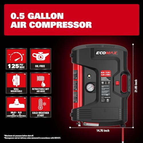 ECOMAX Wall Mount Air Compressor With 8 PCS Accessory Kit, Tire Inflator Portable Air Compressor with Retractable 30ft Air Hose, Mini Tank 125 PSI MAX Pressure & 1.5 HP for Garage and Home