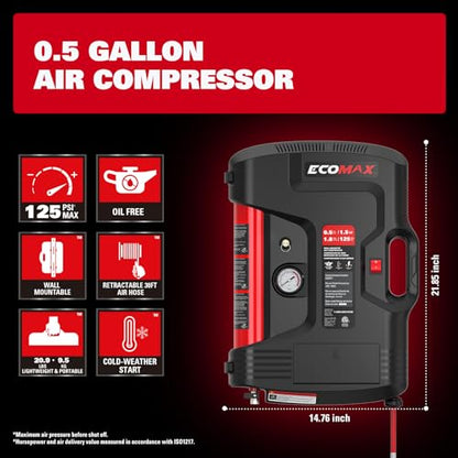 ECOMAX Wall Mount Air Compressor With 8 PCS Accessory Kit, Tire Inflator Portable Air Compressor with Retractable 30ft Air Hose, Mini Tank 125 PSI MAX Pressure & 1.5 HP for Garage and Home