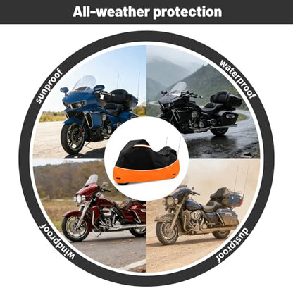 Motorcycle Cover Heavy Duty 420D Oxford Waterproof,Touring Motorcycle Cover Compatible with Harley Davidson Road King,Street Glide, Road Glide, Ultra Limited, CVO,Fits Motorcycles Up to 110" - size: 110"-Side+Top Box