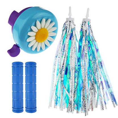 2 Pack Bicycle Bike Handlebar Scooter Streamers,1 Pack Bicycle Bell and Bicycle Handle Bar Grips - color: Light blue bell+Blue bike streamers+ Blue bike grips