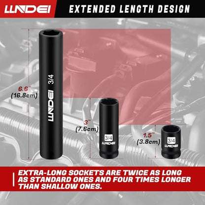 LLNDEI 1/2" Drive Extended Length Impact Socket Set 6Pcs CR-V BLACK