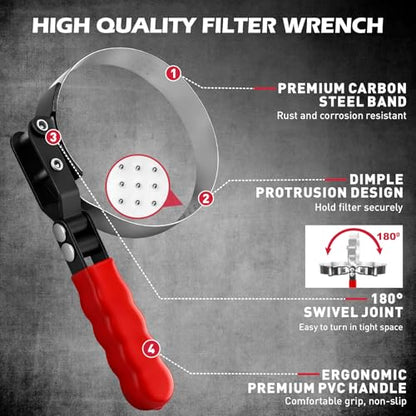10-Piece Oil Filter Wrench Set 2-3/8"to 4-3/4", 12-Inch Adjustable Oil Filter Plier, Universal 3-Jaw Oil Filter Wrench, 1/2"Quick Release Ratchet Handle, 1/2"-3/8" Adapter, Towel in Storage Case - style: New Version