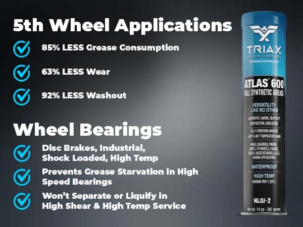 TRIAX Atlas 600 Grease - Full Synthetic, Ultra-Heavy Duty, Low Temp, Marine, Waterproof; All Bearings, Joints, Drive Train & 5th Wheel -14 oz Tube (Pack of 2) - size: 2 Tube Pack