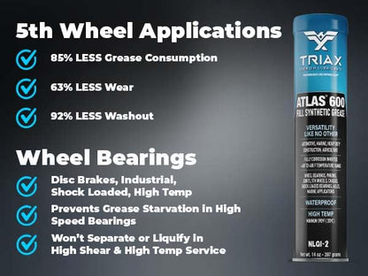TRIAX Atlas 600 Grease - Full Synthetic, Ultra-Heavy Duty, Low Temp, Marine, Waterproof; All Bearings, Joints, Drive Train & 5th Wheel -14 oz Tube (Pack of 2) - size: 2 Tube Pack