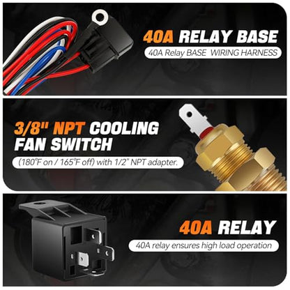 Auto Dynasty 9" Dual Electric Radiator Cooling Fan Switch Relay Kit, Black - color: Black, size: 9 Inch w/Thermostat Wiring Switch Relay Kit