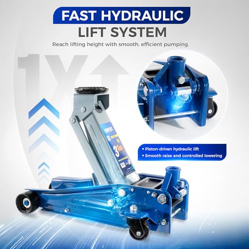 Hantec Floor Jack 2.5-Ton (5,000 lbs) Low Profile Hydraulic Trolley Jack HGP9 – Quick Lift Pump, Lift Range 3.3" to 14.6", Built-in Safety Valve & 360° Swivel Saddle for Cars, SUVs and Trucks