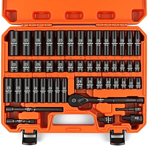 HORUSDY 50-Piece 3/8" Drive Impact Socket Set, Standard SAE (5/16 to 3/4 inch) and Metric (8-22mm) Size, 6 Point, Cr-V, 3/8-Inch Drive Ratchet Wrench, Drive Extension Bar, Impact Universal Joint - color: 50 Pcs Orange
