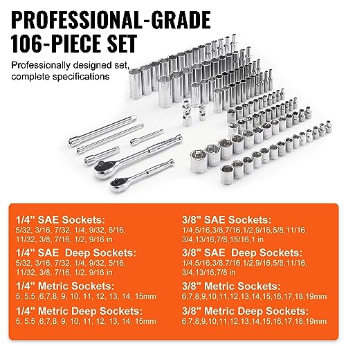 VEVOR Socket Set, 1/4" and 3/8" Drive Socket and Ratchet Set, 6-Point Socket Opening, 106 Pcs Tool Set SAE and Metric, Deep and Standard Sockets, 5/32-1 in, 5-19 mm, with Accessories, Storage Case - size: 106-PCS