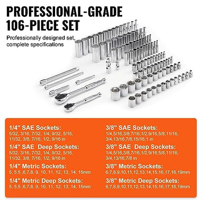 VEVOR Socket Set, 1/4" and 3/8" Drive Socket and Ratchet Set, 6-Point Socket Opening, 106 Pcs Tool Set SAE and Metric, Deep and Standard Sockets, 5/32-1 in, 5-19 mm, with Accessories, Storage Case - size: 106-PCS