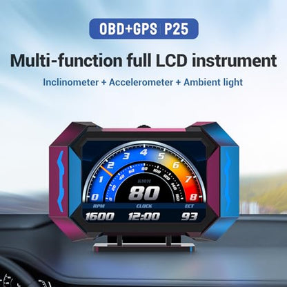 OBD2 Gauge Car HUD Head Up Display Multifunction Digital,Car Speedometer Tachometer Water Temperature Oil Temperature Volt Inclinometer Boost Gauge RPM Meter fit for Most Vehicles After 2008