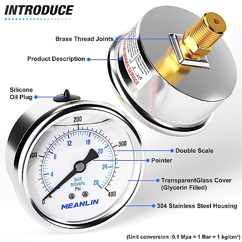 MEANLIN MEASURE 0~400Psi Stainless Steel 1/4" NPT 2.5" FACE DIAL Liquid Filled Pressure Gauge WOG Water Oil Air Center Back Mount, with 1/2" NPT and 3/8" NPT Hex Bushing - size: 0-400Psi