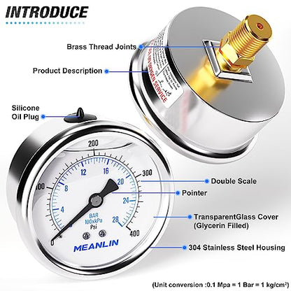 MEANLIN MEASURE 0~400Psi Stainless Steel 1/4" NPT 2.5" FACE DIAL Liquid Filled Pressure Gauge WOG Water Oil Air Center Back Mount, with 1/2" NPT and 3/8" NPT Hex Bushing - size: 0-400Psi