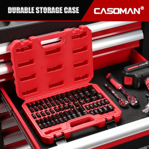 CASOMAN 1/4 Inch Drive Master Impact Socket Set, 50-Piece, 6-Point, SAE/Metric, 5/32 Inch - 9/16 Inch, 4mm - 15mm, Standard/Deep,CR-V - size: 1/4"Dr. Metric & SAE