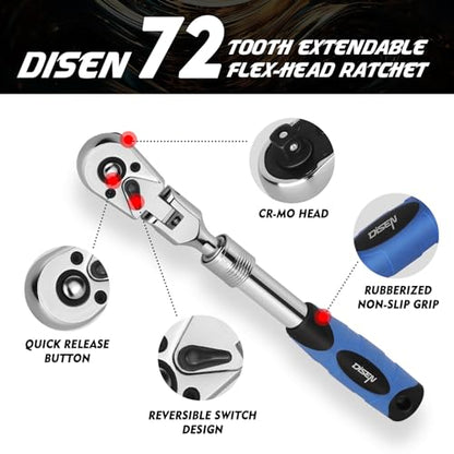 DISEN 3/8" Drive Extendable Ratchet,72-Tooth Flex-Head Ratchet Wrench with Quick Release Locking，Soft-Grip with Reversible Switch,Full-Polished Chrome Plating - color: 3/8 Extendable Flex-head Ratchet
