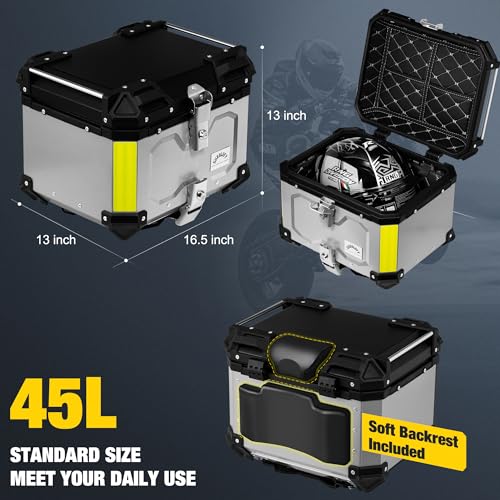 Motorcycle Top Case, 45L Tail Box, Silver - color: Silver-45L, size: 45L