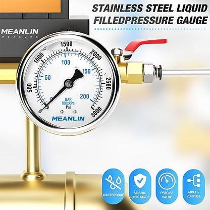 MEANLIN MEASURE 0~3000Psi Stainless Steel 1/4" NPT 2.5" FACE DIAL Liquid Filled Pressure Gauge WOG Water Oil Air Center Back Mount, with 1/2" NPT and 3/8" NPT Hex Bushing - size: 0-3000Psi