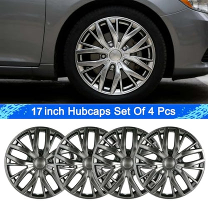 17-Inch Silver ABS Hubcaps with Steel Rings & Adjusters, Patented Design, Universal Fit, Set of 4 Wheel Covers (Gunmetal Grey) - color: Gunmetal Grey