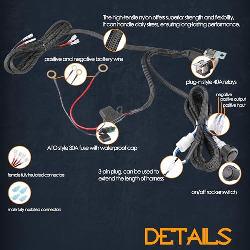 Wiring Harness 2 Lead, NIRIDER 12V 40A Rocker Switch Relay Fuse Nylon Wiring Harness Kit for LED Light Bars Fog Lights Work Lights Driving Lights Offroad LED Pods Wire Kit for Truck UTV ATV Boat - size: 2lead