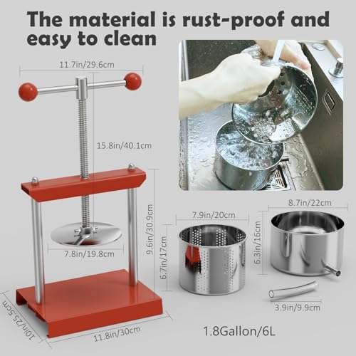 SQUEEZE master Cheese Tincture Herb Fruit Wine Manual Press -1.6Gallon/ 6 Litre-Power Ball Handle-Stainless Steel & Iron for Juice,Cider,Wine,Olive Oil - color: Red, size: 1.6Gallon