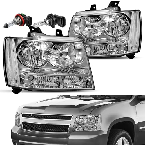 JSBOYAT Headlight with Bulbs Fit 2007-2014 Chevy Tahoe Suburban Avalanche - color: Chrome Housing with Clear Reflector, size: w/ 9005&H11 Bulbs