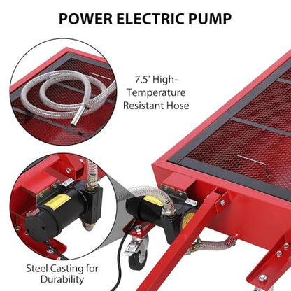 Low Profile Oil Drain Pan with Electric Pump, 20 Gallon Portable Oil Drain Cart for Cars, SUVs, Trucks – Foldable Handle, 7.5 Ft Hose & Swivel Casters, Leak-Proof Container, Red