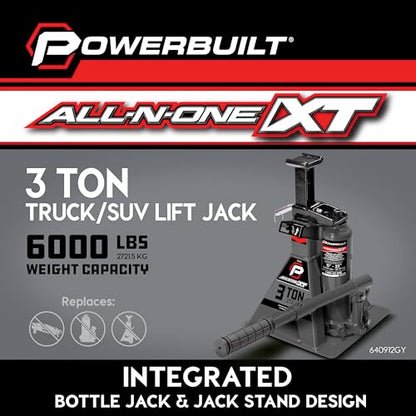 POWERBUILT 3 Ton All-in-One Hydraulic Bottle Jack and Jackstand in One, Compact, Wide Base, 11-21 Inch Range, Eliminates Jackstands, for Trucks, SUVs, RVs, Trailers, ASME, Not for Sedans - 640912 - color: gray