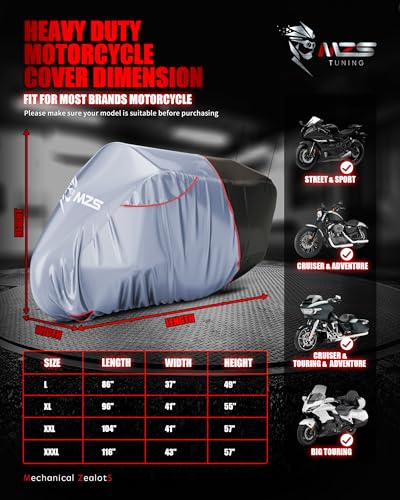MZS Motorcycle Cover Waterproof Outdoor, Heavy Duty All Season Weather Sun Protection with Storage Bag Vents Night Reflective Cotton Lining Lock Holes fits up to 116" Motorcycles Vehicle Covers - size: XXX-Large 116 inches