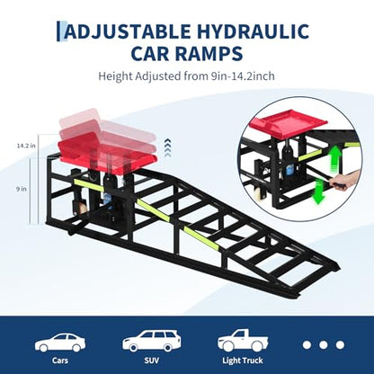 Heavy Duty Hydraulic Car Ramps 5 Ton Capacity with Wheels, Adjustable Height Portable Vehicle Lift Ramps, Auto Repair Ramps for Home Garage Car Maintenance & Oil Change - color: Red