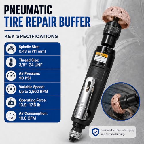 Air Tire Buffer Repair Kit, 2500 RPM Low Speed Pneumatic Buffer with Tungsten Steel Grinding Heads, Patch Roller, Inner Liner Scraper, Air Hose and Chucks for Tire Patch Prep