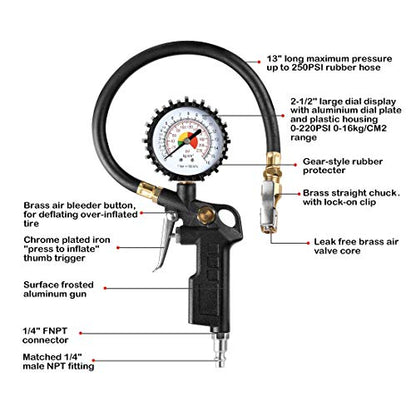 CZC AUTO Tire Inflator Deflator Air Pressure Gauge with Rubber Hose