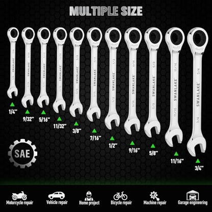 12-Piece Ratcheting Wrench Set, SAE 1/4 - 3/4 inch Ratchet Combination Wrenches Set, 12-Point 72-Tooth Ratchet Spanners with Magnetic Base Organizer, Chrome Vanadium Steel for Automotive Mechanic Tool - style: Ratchet SAE