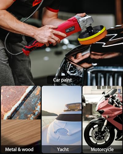 AVID POWER Car Rotary Buffer Polisher Waxer 1200W, 6 Speeds, Polishing Pads - color: Light Red