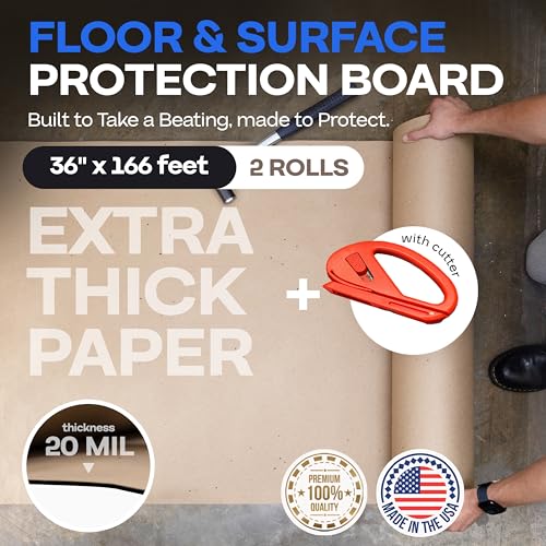 Construction Paper 36" x 166 feet, 2 Rolls + 1 Cutter – Extra Thick Floor Covering (20 mil, 200 lbs, 996 sq.ft. Total) - Contractor Paper for Remodeling & Surface Protection by IDL Packaging - color: 36"x166', Extra Thick, Brown, size: 2 Rolls + Tool