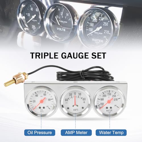 Triple Gauge Set (Oil Pressure Gauge + Water Temperature Gauge + AMP Meter)