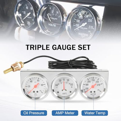 Triple Gauge Set (Oil Pressure Gauge + Water Temperature Gauge + AMP Meter)