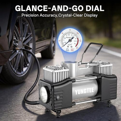 YUNGTEE Portable Tire Inflator, 12V 150 PSI Dual-Cylinder Air Compressor - color: Silver