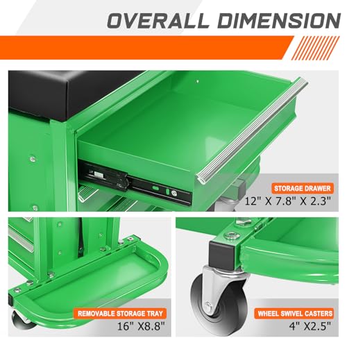 PM PERFORMOTOR 3-Drawer Tool Chest Rolling Mechanic Seat with Tool Trays,350lbs Max Weight Capacity, Green,PM-TOL-RST1-GR - color: Green